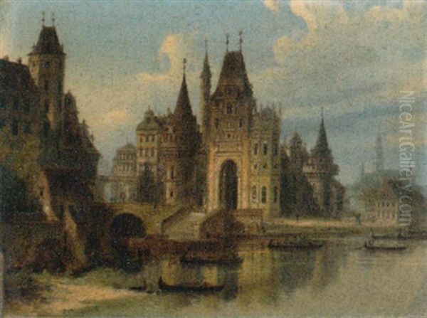 Stadtansicht Mit Fluslauf Oil Painting by Johann Wilhelm Jankowski