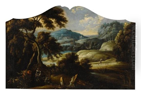 A Landscape With A Shepherd With His Cattle And Sheep, A Village And Mountains Beyond Oil Painting by Frans Christoph Janneck