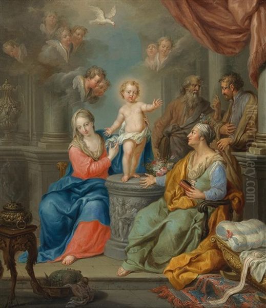 The Holy Family With Saints Anne And Joachim Oil Painting by Frans Christoph Janneck