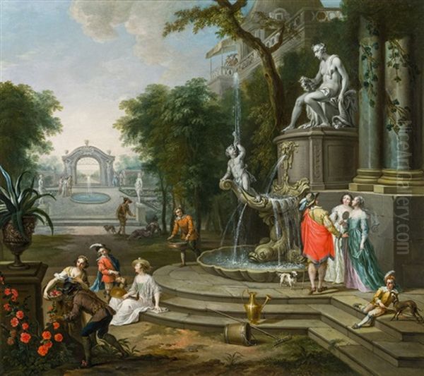 Galante Szene Im Park Mit Schlossarchitektur Oil Painting by Frans Christoph Janneck