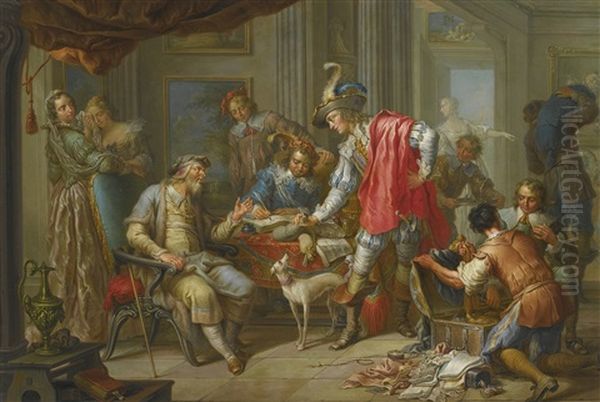 The Prodigal Son Takes Leave Of His Father; The Prodigal Son Spending His Money In Riotous Living (pair) Oil Painting by Frans Christoph Janneck