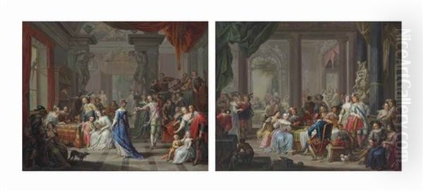 A Musical Banquet In A Palace; And Elegant Figures Dancing And Merrymaking In A Palace (pair) Oil Painting by Frans Christoph Janneck