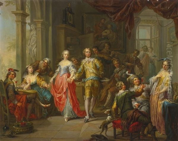 An Elegant Company, With Figures Playing Musical Instruments And Merrymaking In An Interior Oil Painting by Frans Christoph Janneck