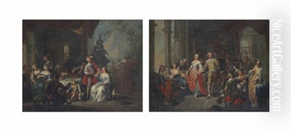 Elegant Company Dancing And Music Making In An Interior (+ Elegant Company Feasting In A Terrace; Pair) Oil Painting by Frans Christoph Janneck