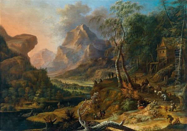 Reisende In Einer Berglandschaft Oil Painting by Frans Christoph Janneck