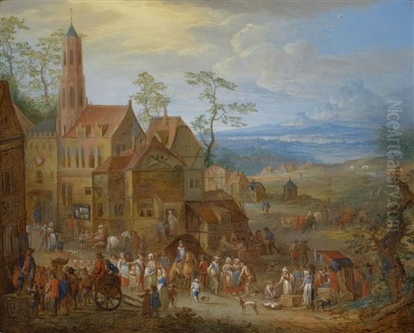 Jahrmarktstreiben Vor Der Kirche; Bauerntanz Vor Der Herberge (pair) Oil Painting by Frans Christoph Janneck