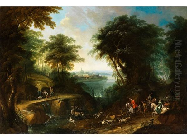 Landschaft Mit Hofischer Hirschjagd Oil Painting by Frans Christoph Janneck
