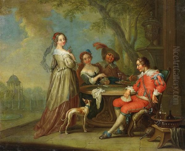 Elegante Gesellschaft Beim Kartenspiel Im Schlosspark Oil Painting by Frans Christoph Janneck