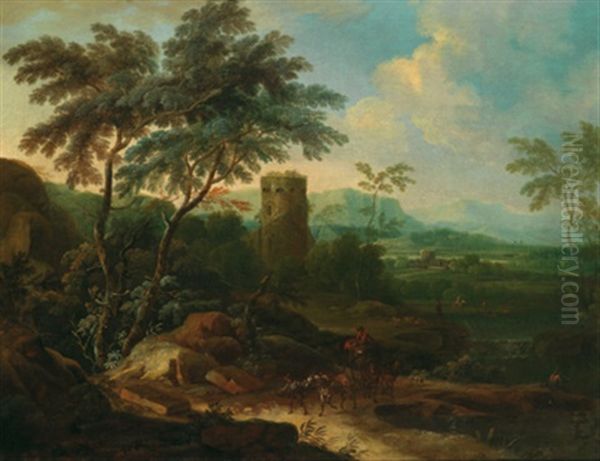 Bewaldete Flusslandschaft Mit Einem Turm, Reitern Und Vielen Figuren Oil Painting by Frans Christoph Janneck