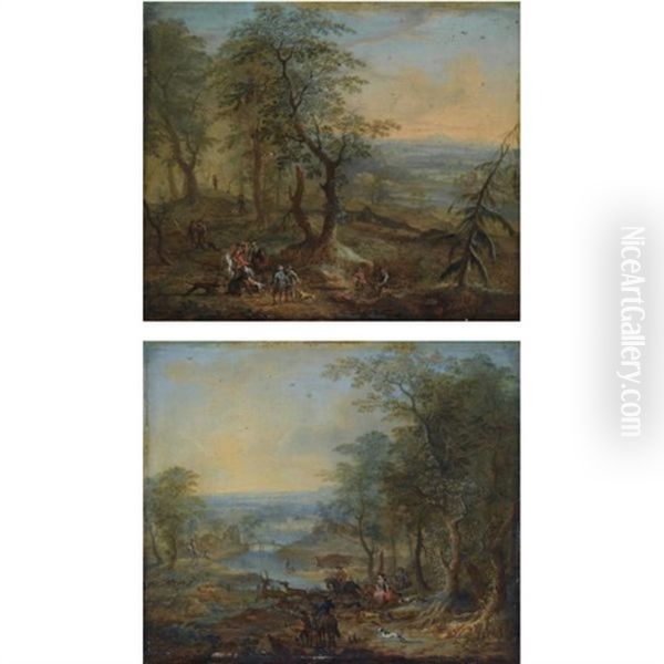 An Extensive Wooded Landscape With An Elegant Hunting Party And Hounds Attacking A Wild Boar (+ Another, Similar; Pair) Oil Painting by Frans Christoph Janneck
