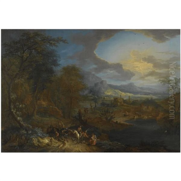 An Extensive Rhenish Landscape With Travellers And Their Horses On A Path In The Foreground Oil Painting by Frans Christoph Janneck