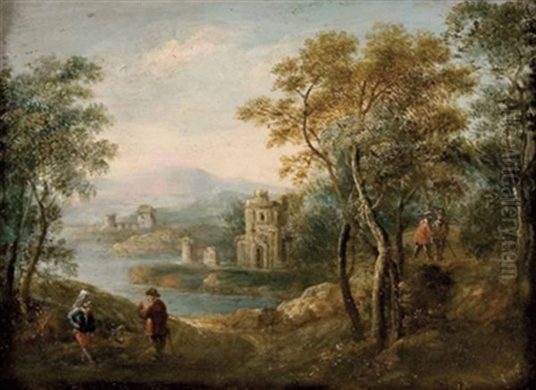 Bewaldete Uferlandschaft Mit Ruinen Und Personen Am Wegrand Oil Painting by Frans Christoph Janneck