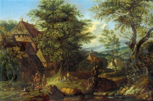 Bewaldete Landschaft Mit Einem Gutshof Und Figuren Oil Painting by Frans Christoph Janneck