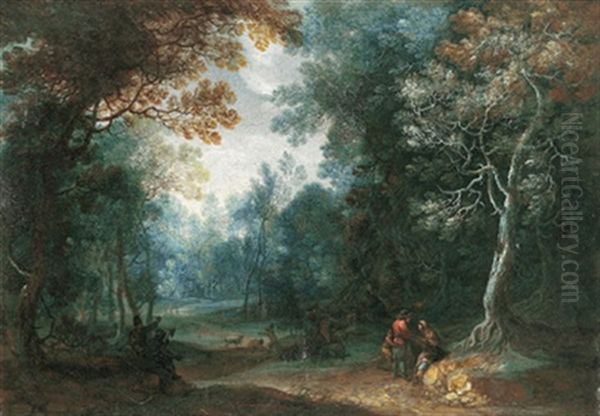 Waldlandschaft Mit Einem Bauern, Dem Eine Zigeunerin Aus Der Hand Liest Und Seinem Sohn Oil Painting by Frans Christoph Janneck
