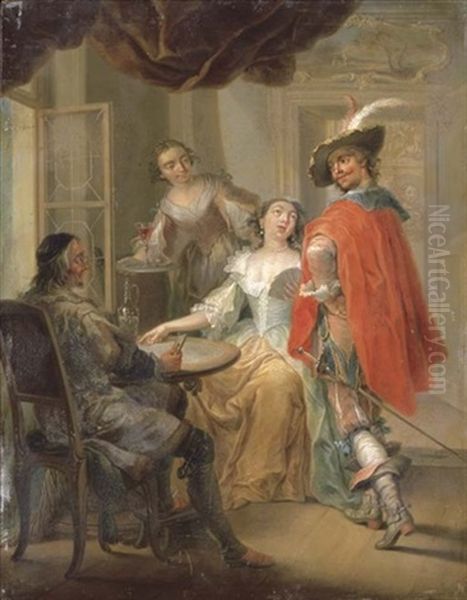 Elegant Company Playing Cards Around A Table In An Interior Oil Painting by Frans Christoph Janneck