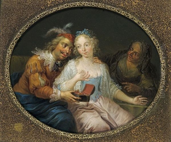 Eine Zigeunerin Liest Einer Jungen Frau Aus Der Hand (+ Ein Freier Bietet Einer Jungen Frau Juwelen, Dahinter Die Kupplerin; Pair) Oil Painting by Frans Christoph Janneck