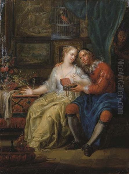 An Amorous Couple In An Interior Oil Painting by Frans Christoph Janneck