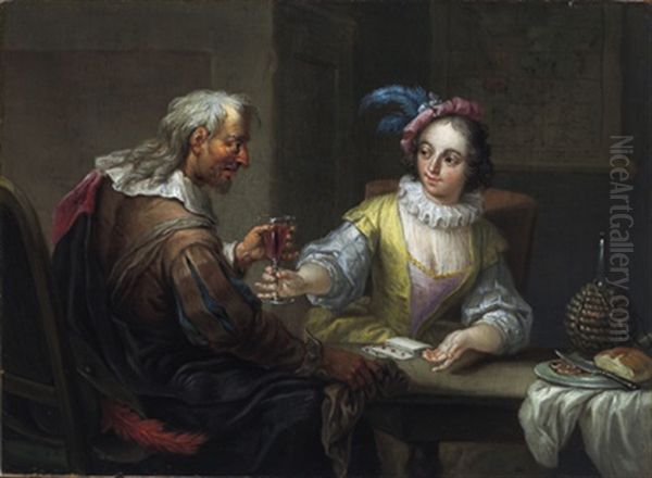 Ungleiches Paar Bei Wein Und Kartenspiel Oil Painting by Frans Christoph Janneck