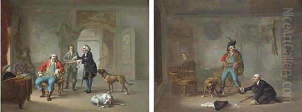 Sobriety (+ Insobriety: Gentlemen In Interiors Before And After; Pair) Oil Painting by Frans Christoph Janneck