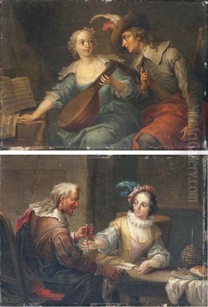 A Couple Playing Cards In An Interior (+ A Couple Playing Music In An Interior; 2 Works) Oil Painting by Frans Christoph Janneck