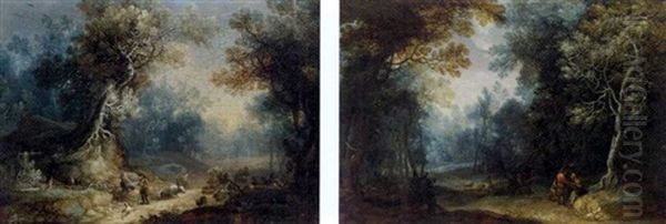 A Wooded Landscape With A Shepherd And Shepherdess At Rest On A Track (+ A Wooded Landscape With Travellers; Pair) Oil Painting by Frans Christoph Janneck