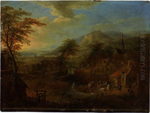 Landschaft Mit Dorf Oil Painting by Frans Christoph Janneck