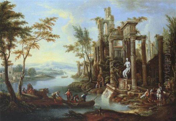 Weite Flusslandschaft Mit Antiker Tempelruine Oil Painting by Frans Christoph Janneck