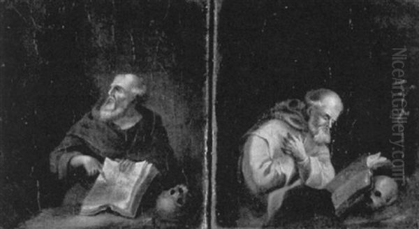 Monch Mit Vor Der Brust Gekreuzten Armen, Ein An Einen Totenkopf Gelehntes Buch Lesend Oil Painting by Frans Christoph Janneck