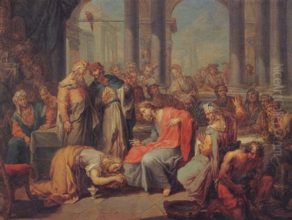 Magdalen Washing The Feet Of Christ Oil Painting by Frans Christoph Janneck
