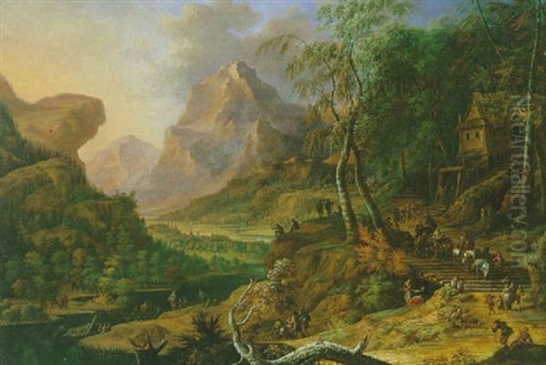 Paysage De La Vallee Du Rhin Aux Cavaliers Passant Un Pont De Bois Oil Painting by Frans Christoph Janneck