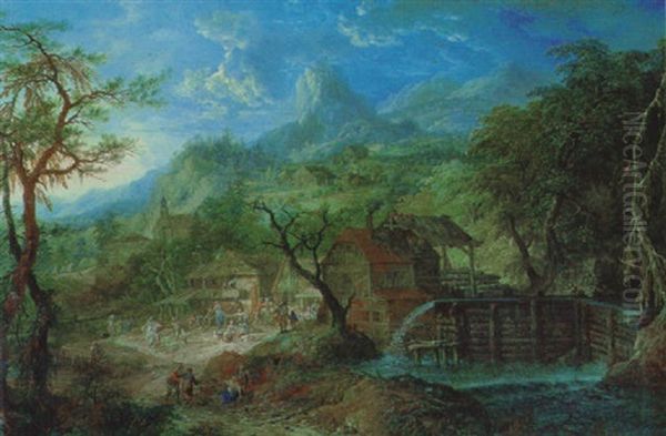 Dorf Im Gebirge Mit Einer Muhle Und Vielen Figuren Oil Painting by Frans Christoph Janneck