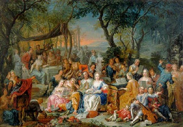 Elegant Company Merrymaking In A Wood Oil Painting by Frans Christoph Janneck