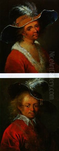Bildnis Einer Dame Mit Federhut [&] Bildnis Eines  Herrn Mit Federbarett Und Einer Medaille...[dim: 14 X 13 Cm] Oil Painting by Frans Christoph Janneck