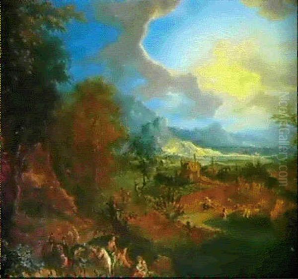 Reisende In Einer Flusslandschaft Oil Painting by Frans Christoph Janneck