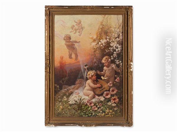 Putti In Arcadian Landscape Oil Painting by Georg Janny