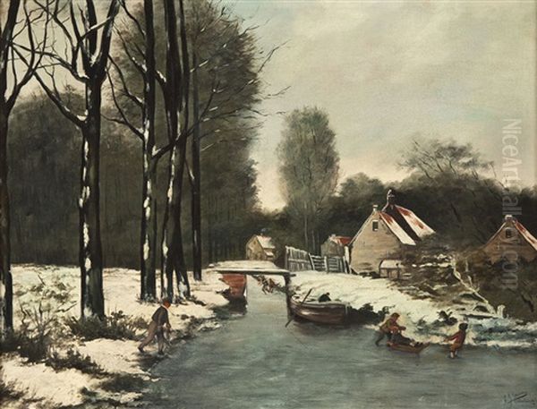 Dorfszenerie Am Zugefrorenen Fluss Oil Painting by Frederick Johannes Frits Jansen