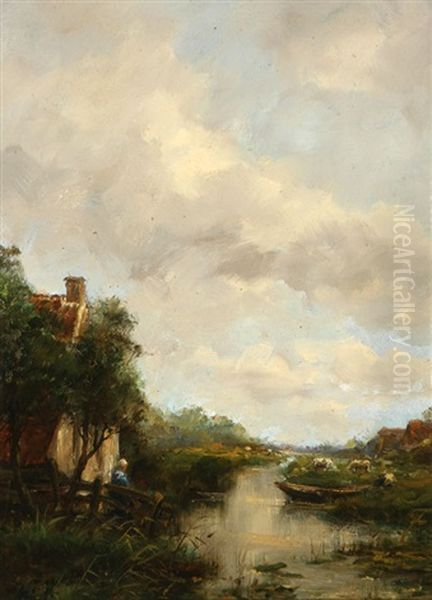 Village With A Stream Oil Painting by Willem George Frederik Jansen