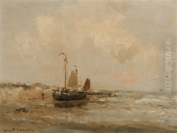 Moored Barges On The Beach Oil Painting by Willem George Frederik Jansen