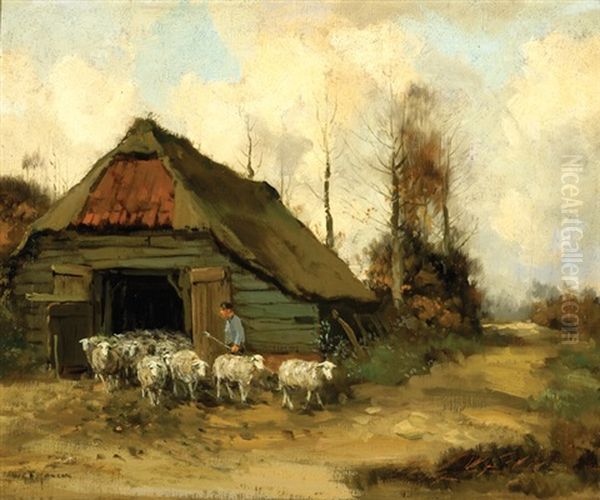 A Shepherd With His Flock Near A Barn Oil Painting by Willem George Frederik Jansen