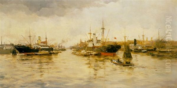 A View Of Rotterdam Harbour With The Holland-america Line In The Distance Oil Painting by Willem George Frederik Jansen