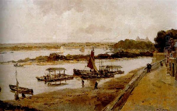 Shipping On The Waal Near Woudrichem, With Loevestein Castle Beyond Oil Painting by Willem George Frederik Jansen