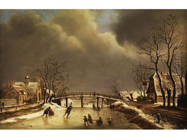 Winterliches Eisvergnugen Oil Painting by Johannes Christiaan Janson
