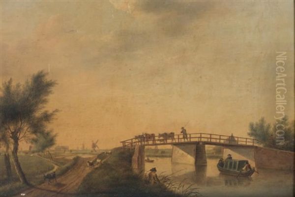 Paysage Au Pont Et Promeneurs Oil Painting by Johannes I Janson