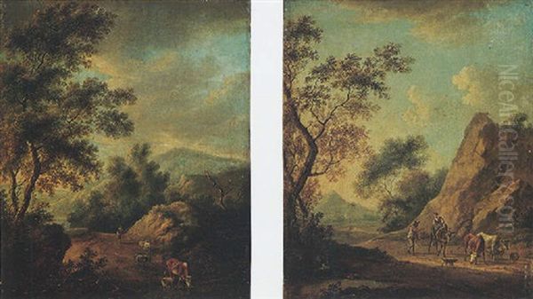 Mountainous Landscape With Drovers, Cattle And Sheep Upon A Track Before A Watering Pool Oil Painting by Johannes I Janson