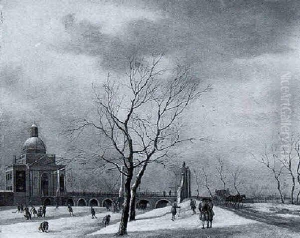 A View Of The Muiderpoort, Amsterdam, In Water, With Skates On The Frozen Singelgracht And A Horse Darwn Carriage On The Road Oil Painting by Johannes I Janson