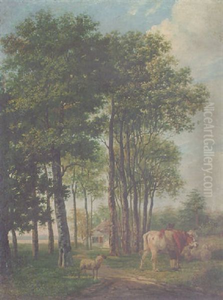 A Farmhand With Livestock By A Copse Oil Painting by Pieter Janson