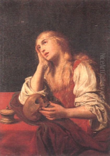 The Penitent Mary Magdalen Seated At A Table Holding A Skull Oil Painting by Abraham Janssens