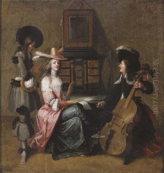 An Elegant Lady With Two Musicians In An Interior Oil Painting by Hieronymous (Den Danser) Janssens