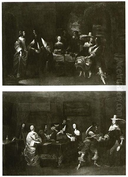 Elegant Figures At Dinner & Elegant Figures      Playing Cards Oil Painting by Hieronymous (Den Danser) Janssens