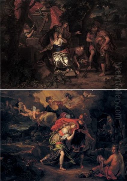 Enee Et Didon Se Refugiant Dans Une Grotte Pour Se Proteger De L'orage  (+ Scene De L'histoire D'enee - Didon Pleurant Le Depart D'enee?; Pair) Oil Painting by Victor Honore Janssens